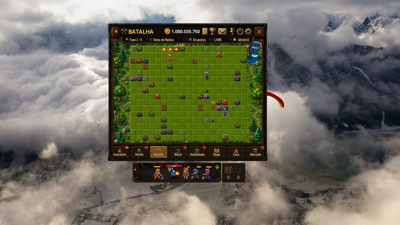 Bomb Farm Battle window showing a bomber squad clearing a green grid stage over a mountain desktop