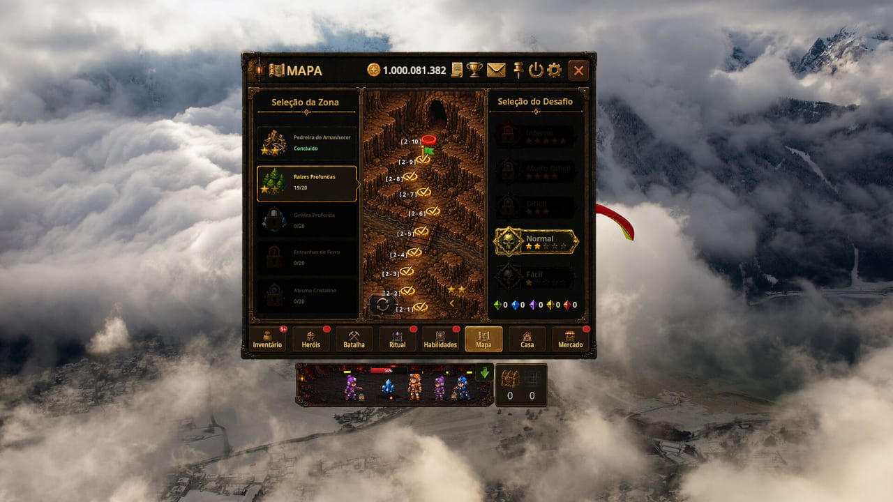 Bomb Farm Map window with five world zones and Easy through Inferno difficulty stars